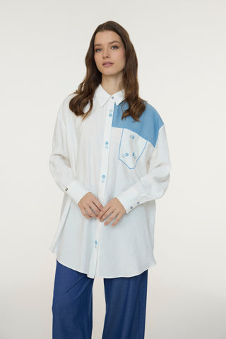 Nakışlı Kontrast Detaylı Cep Vurgulu Ekru Tunik 1660