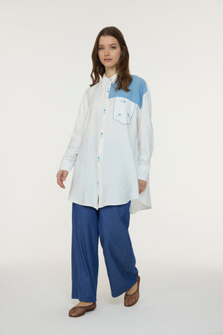 Nakışlı Kontrast Detaylı Cep Vurgulu Ekru Tunik 1660