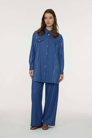 Nakışlı Çift Cepli Düğme Detaylı Mavi Tunik 1663