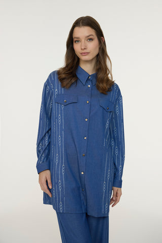 Nakışlı Çift Cepli Düğme Detaylı Mavi Tunik 1663