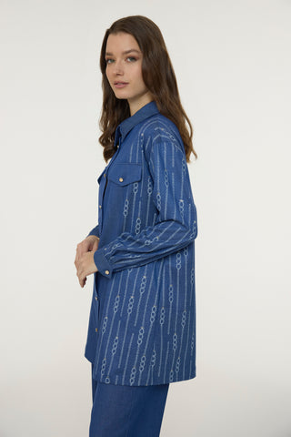 Nakışlı Çift Cepli Düğme Detaylı Mavi Tunik 1663