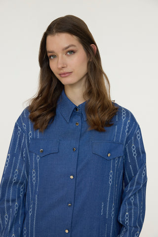 Nakışlı Çift Cepli Düğme Detaylı Mavi Tunik 1663