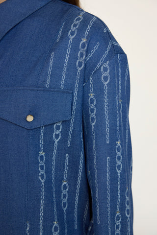 Nakışlı Çift Cepli Düğme Detaylı Mavi Tunik 1663
