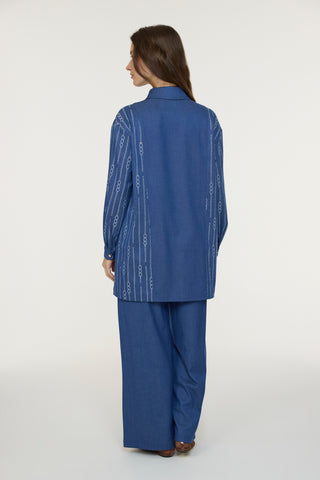 Nakışlı Çift Cepli Düğme Detaylı Mavi Tunik 1663