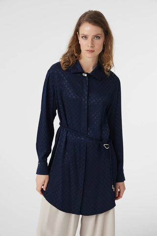 Jakarlı Desenli Kemer Detaylı Lacivert Tunik 1670