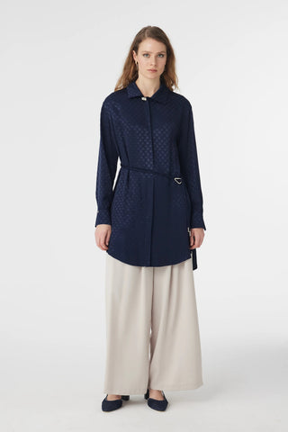 Jakarlı Desenli Kemer Detaylı Lacivert Tunik 1670