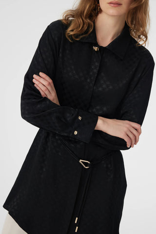 Jakarlı Desenli Kemer Detaylı Siyah Tunik 1670