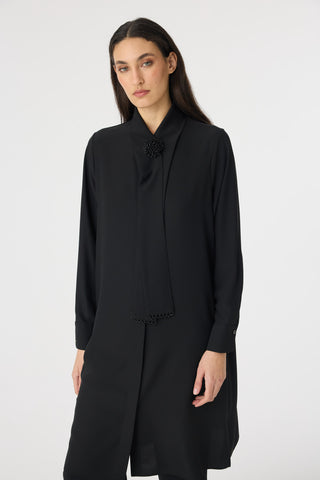 İnci Detaylı Şal Yaka Ekru Tunik Siyah Tunik 1672