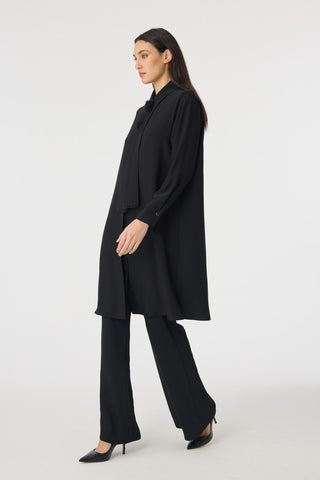 İnci Detaylı Şal Yaka Ekru Tunik Siyah Tunik 1672