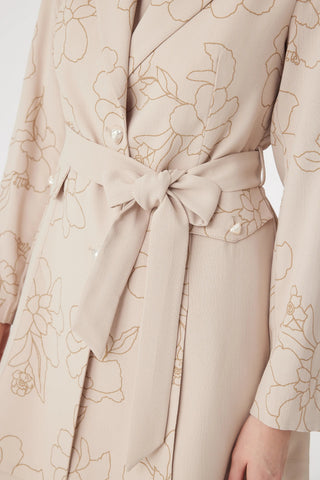Kruvaze Yaka Kuşaklı Nakışlı Bej Takım 1740
