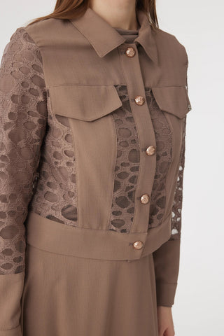 Dantel Panelli Düğmeli Kemerli Mocha Takım 1742