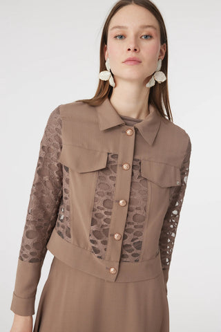 Dantel Panelli Düğmeli Kemerli Mocha Takım 1742