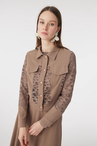 Dantel Panelli Düğmeli Kemerli Mocha Takım 1742