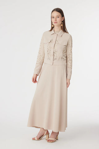 Dantel Panelli Düğmeli Kemerli Bej Takım 1742