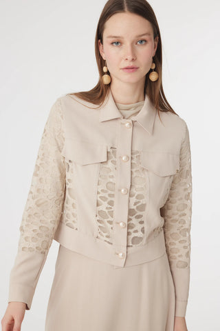 Dantel Panelli Düğmeli Kemerli Bej Takım 1742