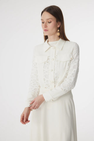 Dantel Panelli Düğmeli Kemerli Ekru Takım 1742