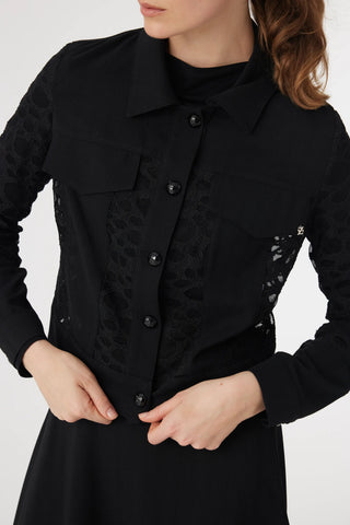 Dantel Panelli Düğmeli Kemerli Siyah Takım 1742