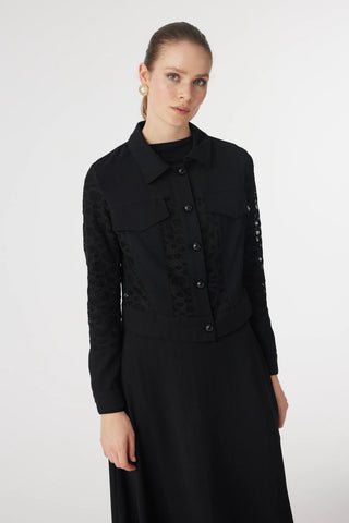 Dantel Panelli Düğmeli Kemerli Siyah Takım 1742