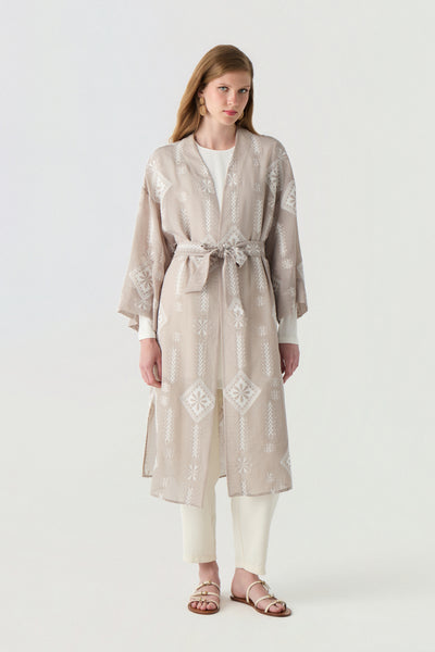 Nakışlı Kuşaklı Kimono Mocha Takım 1766