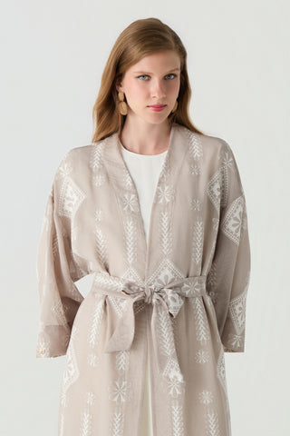 Desenli Kuşaklı Kimono Elbise