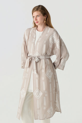 Desenli Kuşaklı Kimono Elbise