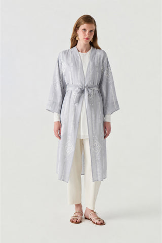Desenli Kuşaklı Kimono Elbise