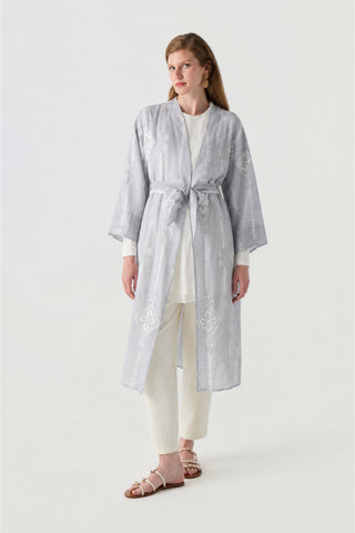 Desenli Kuşaklı Kimono Elbise