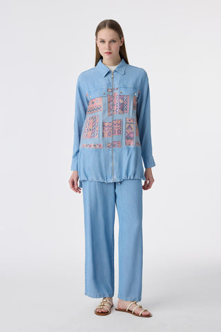 Etnik Desenli Fermuarlı Oversize Mavi Takım 1788