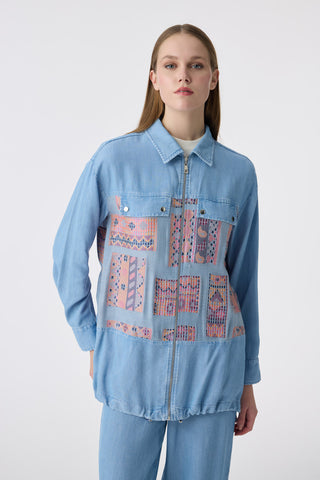 Etnik Desenli Fermuarlı Oversize Mavi Takım 1788