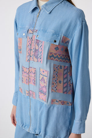 Etnik Desenli Fermuarlı Oversize Mavi Takım 1788