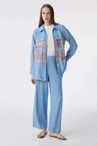 Etnik Desenli Fermuarlı Oversize Mavi Takım 1788