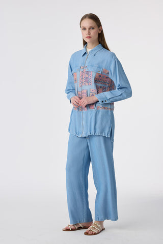 Etnik Desenli Fermuarlı Oversize Mavi Takım 1788