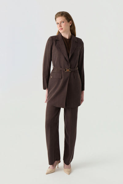 Tokalı Kemerli Blazer Yakalı Kahve Takım 1791