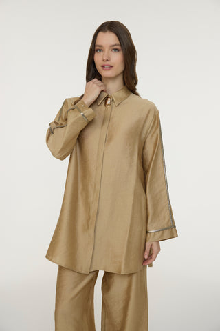 Yakalı Metalik Detaylı Akışkan Camel Takım 1814