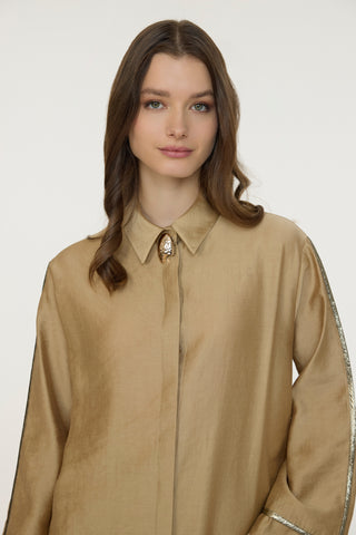 Yakalı Metalik Detaylı Akışkan Camel Takım 1814