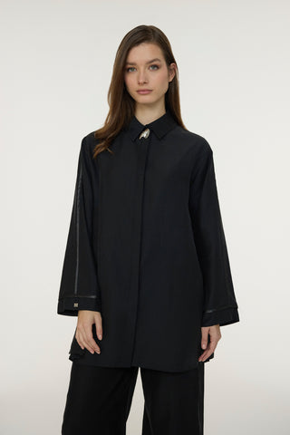 Yakalı Metalik Detaylı Akışkan Siyah Takım 1814