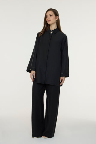 Yakalı Metalik Detaylı Akışkan Siyah Takım 1814