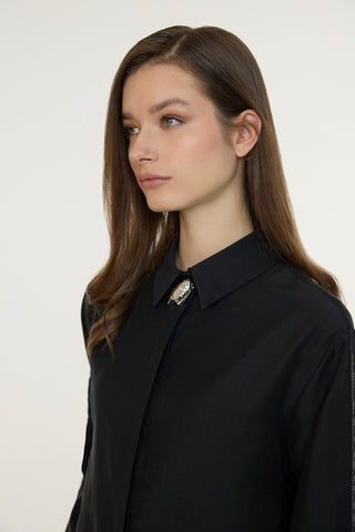 Yakalı Metalik Detaylı Akışkan Siyah Takım 1814