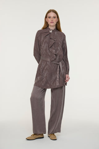 Fular Yaka Volan Detaylı Kuşaklı Kahve Takım 1822