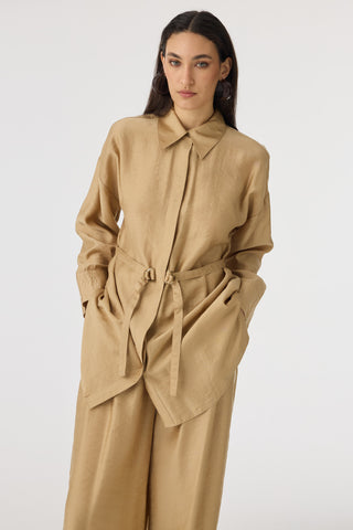 Kuşaklı Gömlek Yaka Rahat Kesim Camel Takım 1829