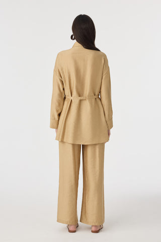 Kuşaklı Gömlek Yaka Rahat Kesim Camel Takım 1829