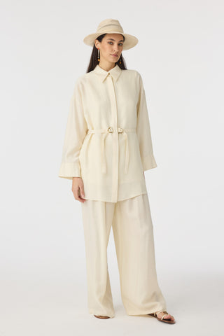 Kuşaklı Gömlek Yaka Rahat Kesim Fil Dişi Takım 1829