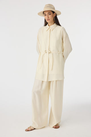 Kuşaklı Gömlek Yaka Rahat Kesim Fil Dişi Takım 1829