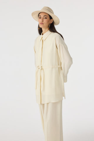 Kuşaklı Gömlek Yaka Rahat Kesim Fil Dişi Takım 1829