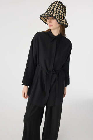 Kuşaklı Gömlek Yaka Rahat Kesim Siyah Takım 1829