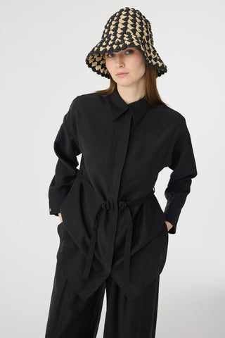 Kuşaklı Gömlek Yaka Rahat Kesim Siyah Takım 1829