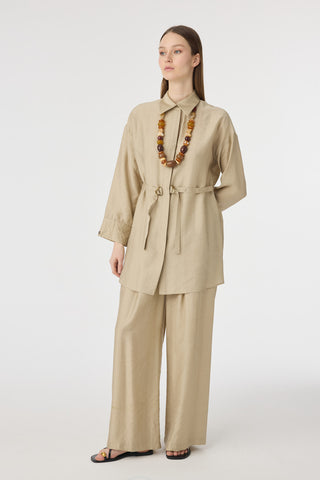 Kuşaklı Gömlek Yaka Rahat Kesim Vizon Takım 1829