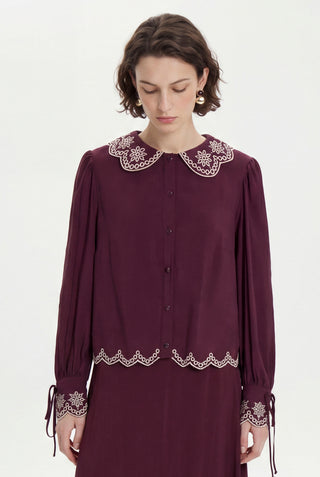 Nakış Detaylı Yuvarlak Yaka Bordo Takım 1844