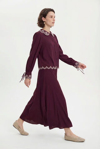 Nakış Detaylı Yuvarlak Yaka Bordo Takım 1844