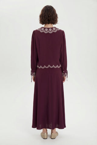 Nakış Detaylı Yuvarlak Yaka Bordo Takım 1844